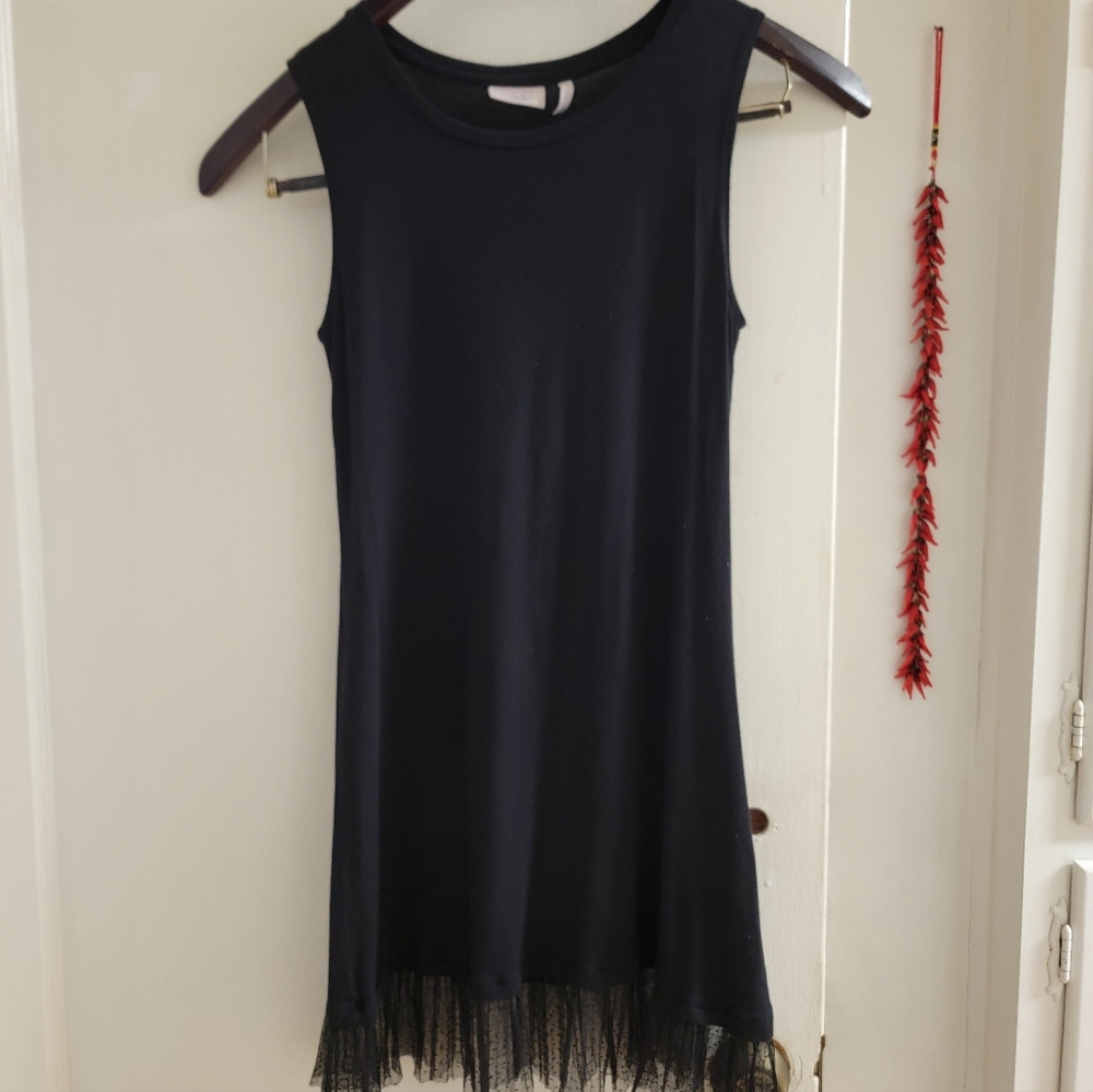 Logo Layers Black Sleeveless Nightie with Lace Hem